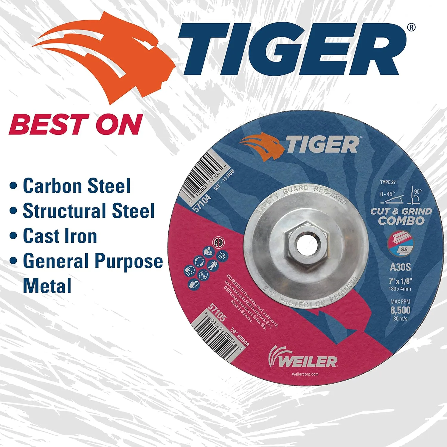 WEILER 7" x 1/8" Tiger Type 27 Cut and Grind Combo Wheel A30S