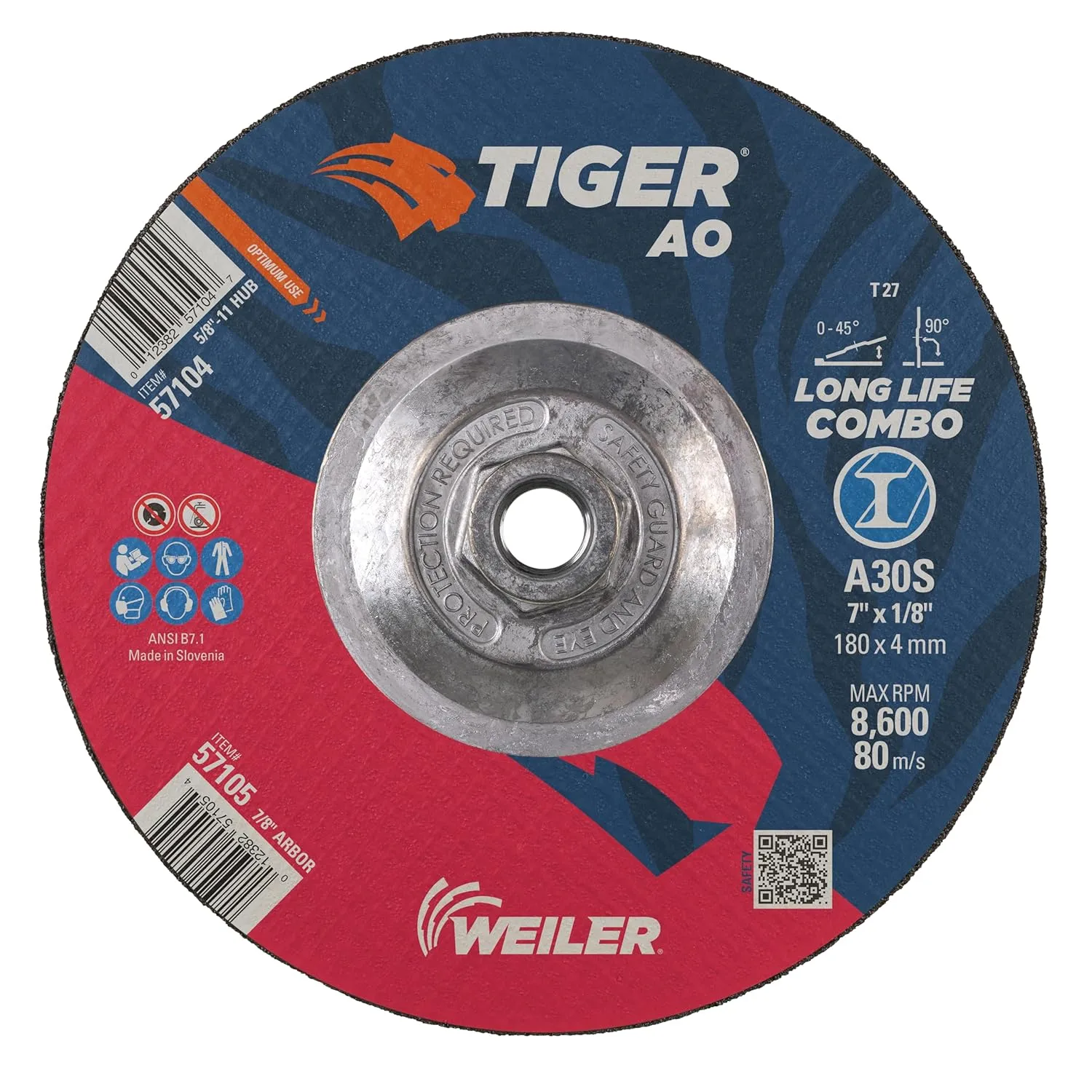 WEILER 7" x 1/8" Tiger Type 27 Cut and Grind Combo Wheel A30S