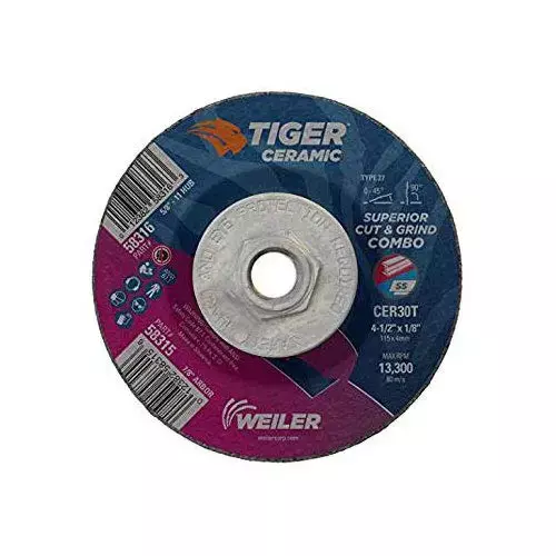 Weiler 58316 4.5 X 1/8 X 5/8-11 CER T27 Tiger Ceramic Combo Wheels