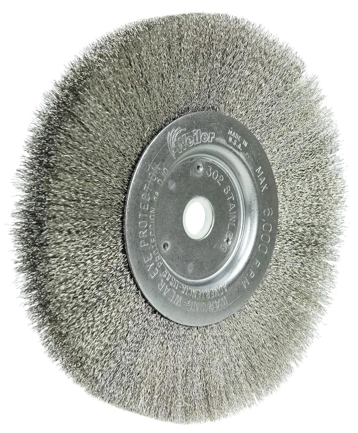Weiler 01675 6" Narrow Face Crimped Wire Wheel, .006" Stainless Steel Fill, 5/8"-1/2" Arbor Hole, Made in the USA