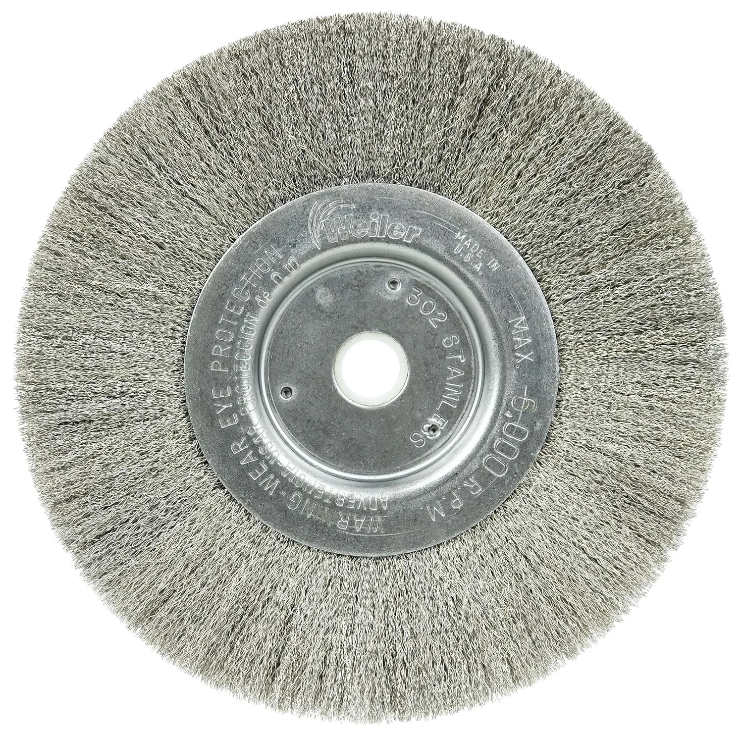 Weiler 01675 6" Narrow Face Crimped Wire Wheel, .006" Stainless Steel Fill, 5/8"-1/2" Arbor Hole, Made in the USA