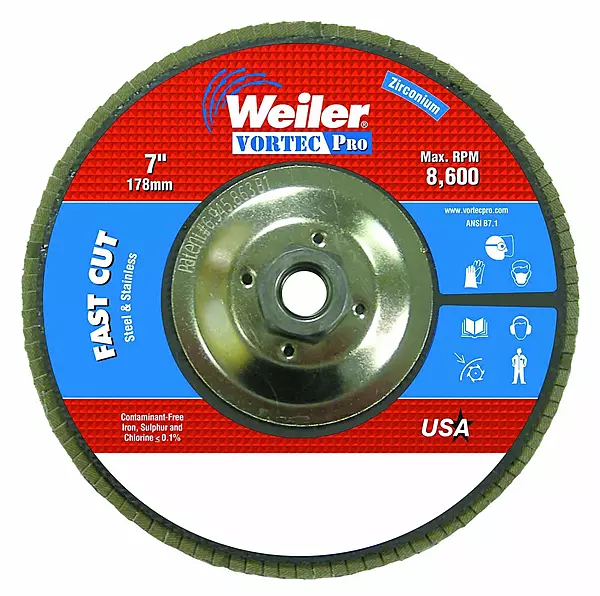 Weiler 804-31368 Vortec Pro Type 29 Flap Disc, Zirconia Alumina, 7", 40 Grit, 5/8"-11" UNC, 8600 rpm