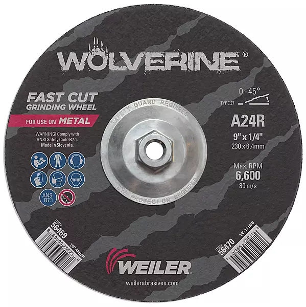 Weiler 56470 9" X 1/4" Wolverine Type 27 Grinding Wheel, A24R, 5/8"-11 Nut (Pack of 10)