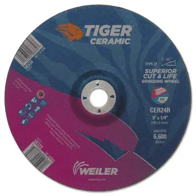 Weiler Tiger Ceramic Grinding Wheel - 24 Grit - 9 in Diameter - 7/8 in Center Hole - 1/4 in Thick - 58333