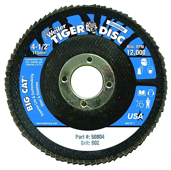 Weiler 804-50804 Big Cat High Density Type 27 Flat Flap Disc, Zirconia Alumina, 4-1/2", 60 Grit, 7/8", 12000 rpm
