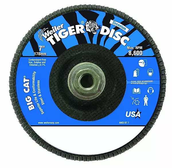 Weiler 804-50844 Big Cat High Density Type 27 Flat Flap Disc, Zirconia Alumina, 7", 60 Grit, 5/8"-11" UNC, 8600 rpm