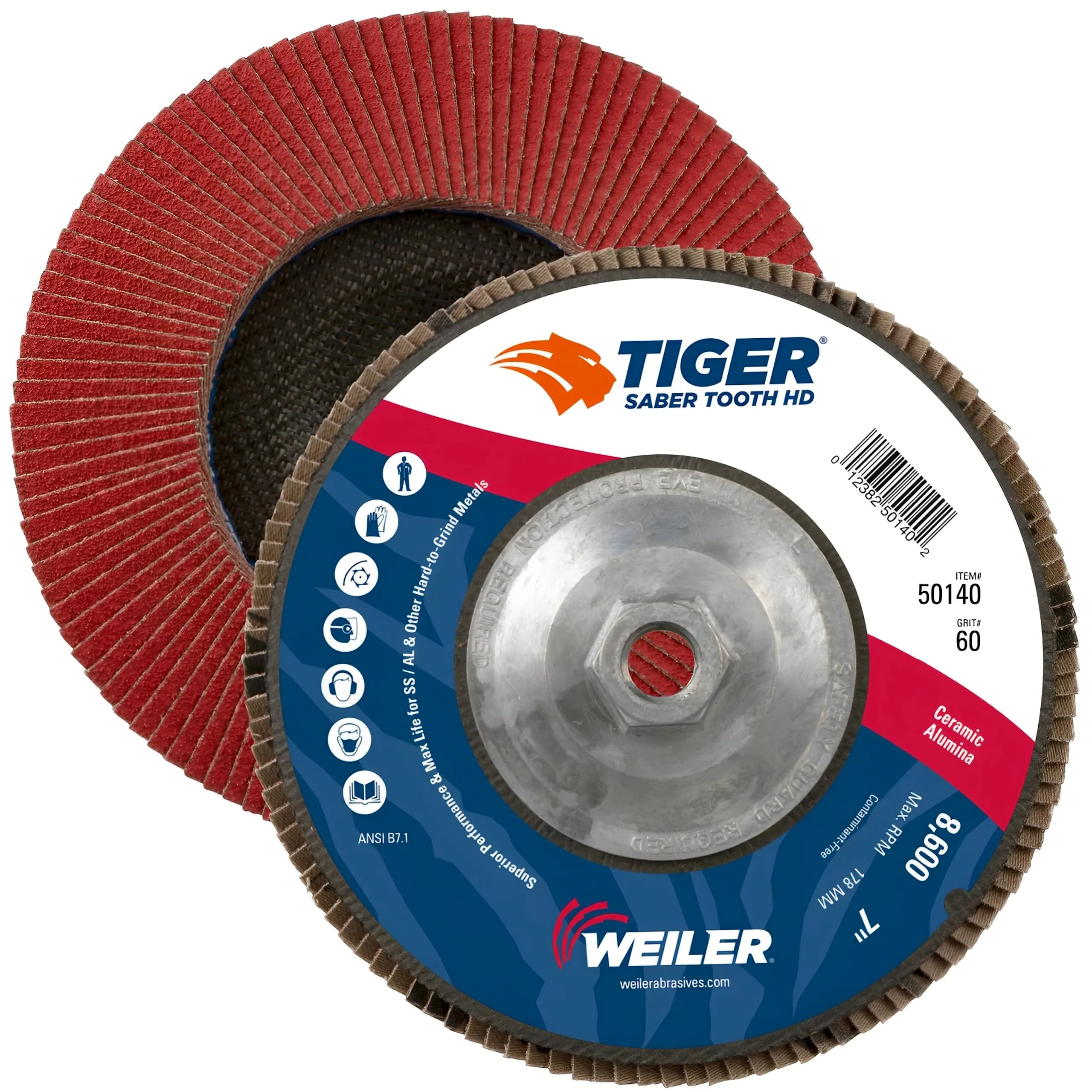 WEILER Saber Tooth High-Density Ceramic Flap Disc, 7" Diameter, Phenolic Backing, 5/8"-11 Arbor, Type 27