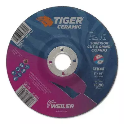 Weiler TIGER Standard (Type 27) Ceramic Cut & Grind Wheel - 30 Grit - 6 in Diameter - 7/8 in Center Hole - 1/8 in Thick