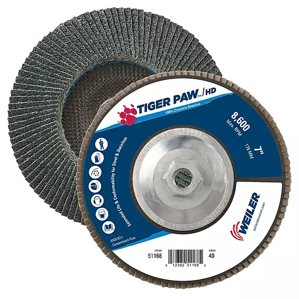 Weiler 51168 Tiger Paw XHD Super High Density Abrasive Flap Disc, Type 27 Flat Style, Phenolic Backing, Zirconia Alumina