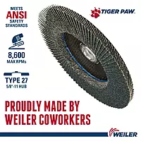 Weiler 51168 Tiger Paw XHD Super High Density Abrasive Flap Disc, Type 27 Flat Style, Phenolic Backing, Zirconia Alumina