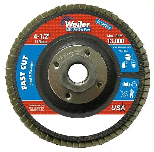Weiler 804-31353 Vortec Pro Zirconia Alumina Type 29 Flap Disc, 120 Grit, 5/8-11 UNC, 13000 rpm, 4 1/2" (Pack of 10)