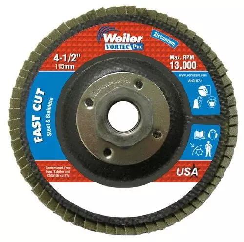 Weiler 804-31353 Vortec Pro Zirconia Alumina Type 29 Flap Disc, 120 Grit, 5/8-11 UNC, 13000 rpm, 4 1/2" (Pack of 10)