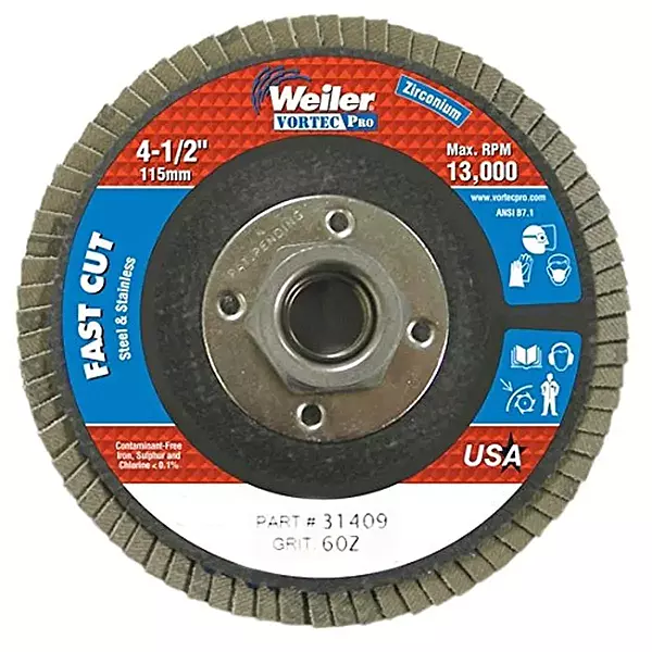 Weiler - 804-31409 31409 Vortec Pro Zirconia Alumina Type 27 Flap Disc, 60 Grit, 5/8-11 UNC, 13000 rpm, 4 1/2" (Set of 1/EA)