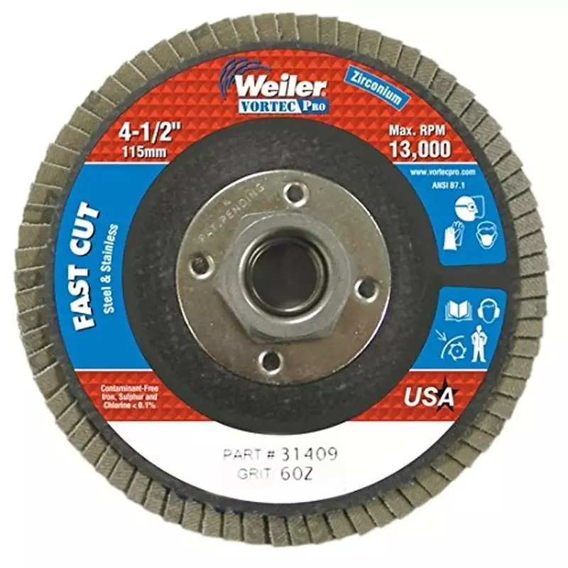 Weiler - 804-31409 31409 Vortec Pro Zirconia Alumina Type 27 Flap Disc, 60 Grit, 5/8-11 UNC, 13000 rpm, 4 1/2" (Set of 1/EA)