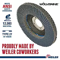 Weiler 31387 Wolverine 4-1/2" x 7/8" Arbor Hole Abrasive Flap Disc, 40 Grit Zirconia Alumina, Flat Type 27, Phenolic Backing
