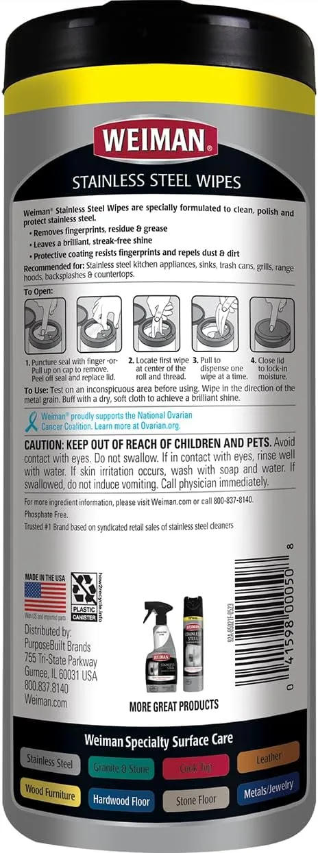 Weiman Stainless Steel Cleaner, 30 Count Cleaning Wipes, Removes Dirt, Grime, and Grease, No Streaks or Residue