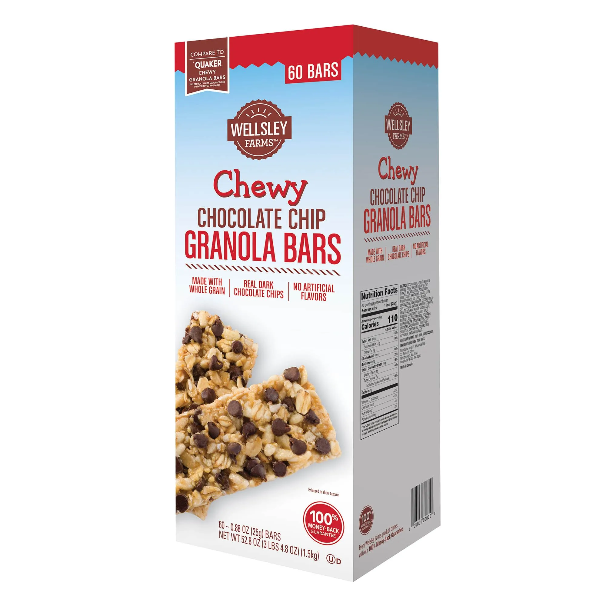 Wellsley Farms Chewy Chocolate Chip Granola Bars, 60 Count (3 lbs 4.8 oz) - 110 Calories Per Bar
