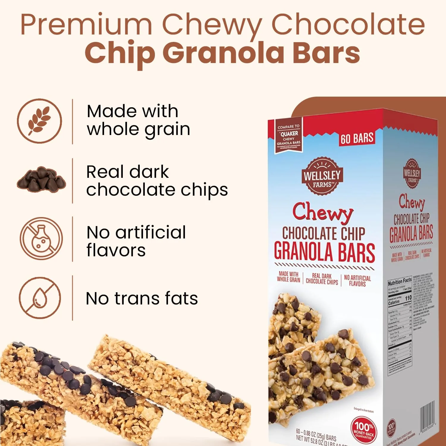 Wellsley Farms Chewy Chocolate Chip Granola Bars, 60 Count (3 lbs 4.8 oz) - 110 Calories Per Bar