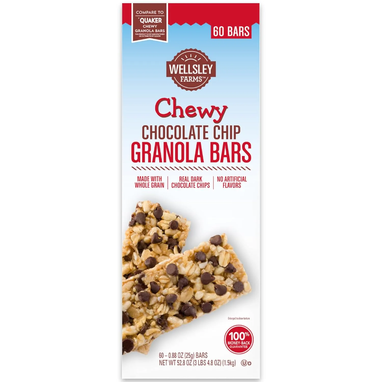 Wellsley Farms Chewy Chocolate Chip Granola Bars, 60 Count (3 lbs 4.8 oz) - 110 Calories Per Bar