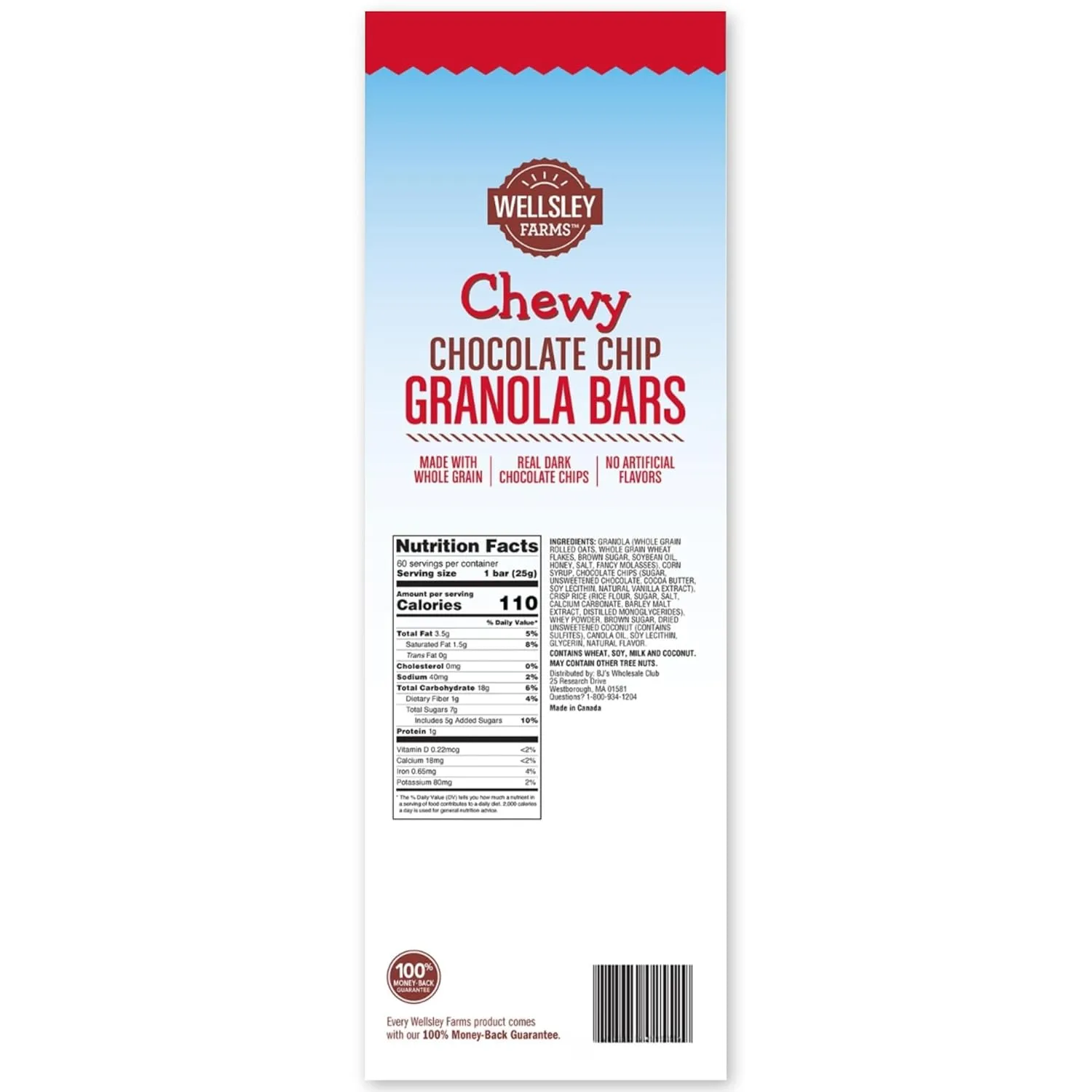 Wellsley Farms Chewy Chocolate Chip Granola Bars, 60 Count (3 lbs 4.8 oz) - 110 Calories Per Bar
