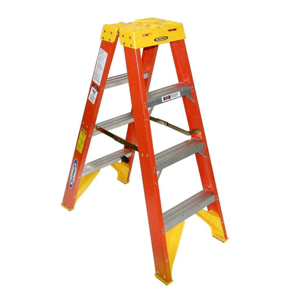 Werner (T6204) Twin Step Ladder, Fiberglass, Orange, 4' Length, 19.92" Width, 9" Height