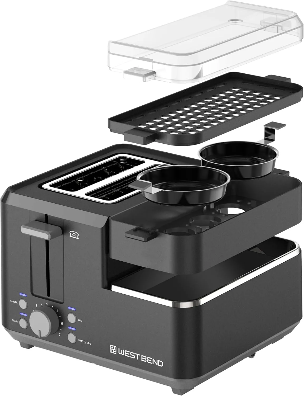 West Bend Breakfast Station 2-Slice Toaster and Egg Cooker/Poacher with Removable Pre-Cooked Meat and Vegetable Warming Tray
