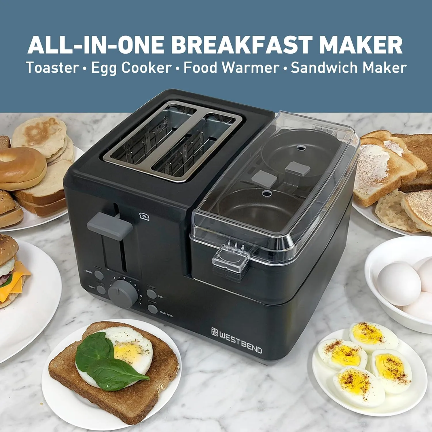 West Bend Breakfast Station 2-Slice Toaster and Egg Cooker/Poacher with Removable Pre-Cooked Meat and Vegetable Warming Tray