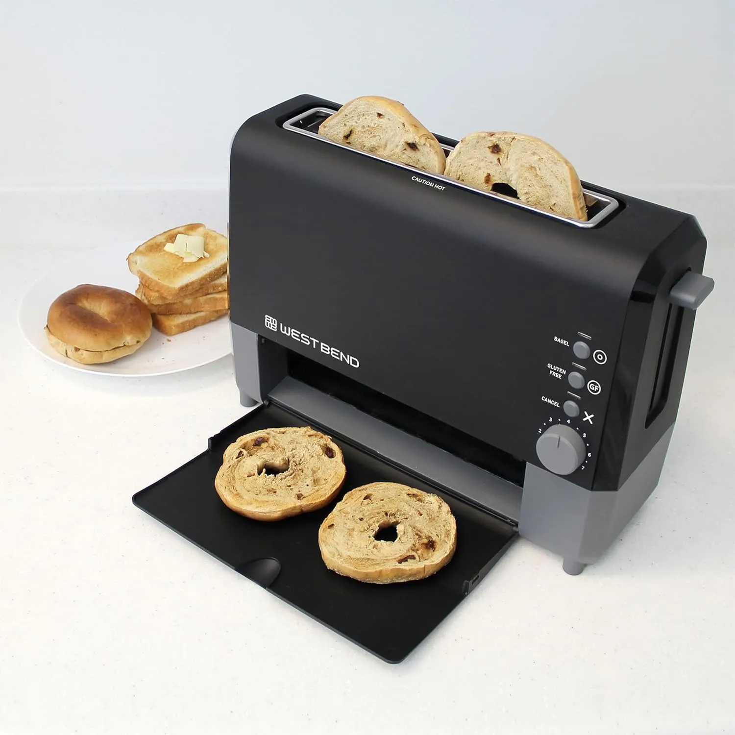 West Bend QuikServe Toaster, 2-Slice Wide-Slot Slide-Through Bread Toaster with Bagel and Gluten-Free Settings