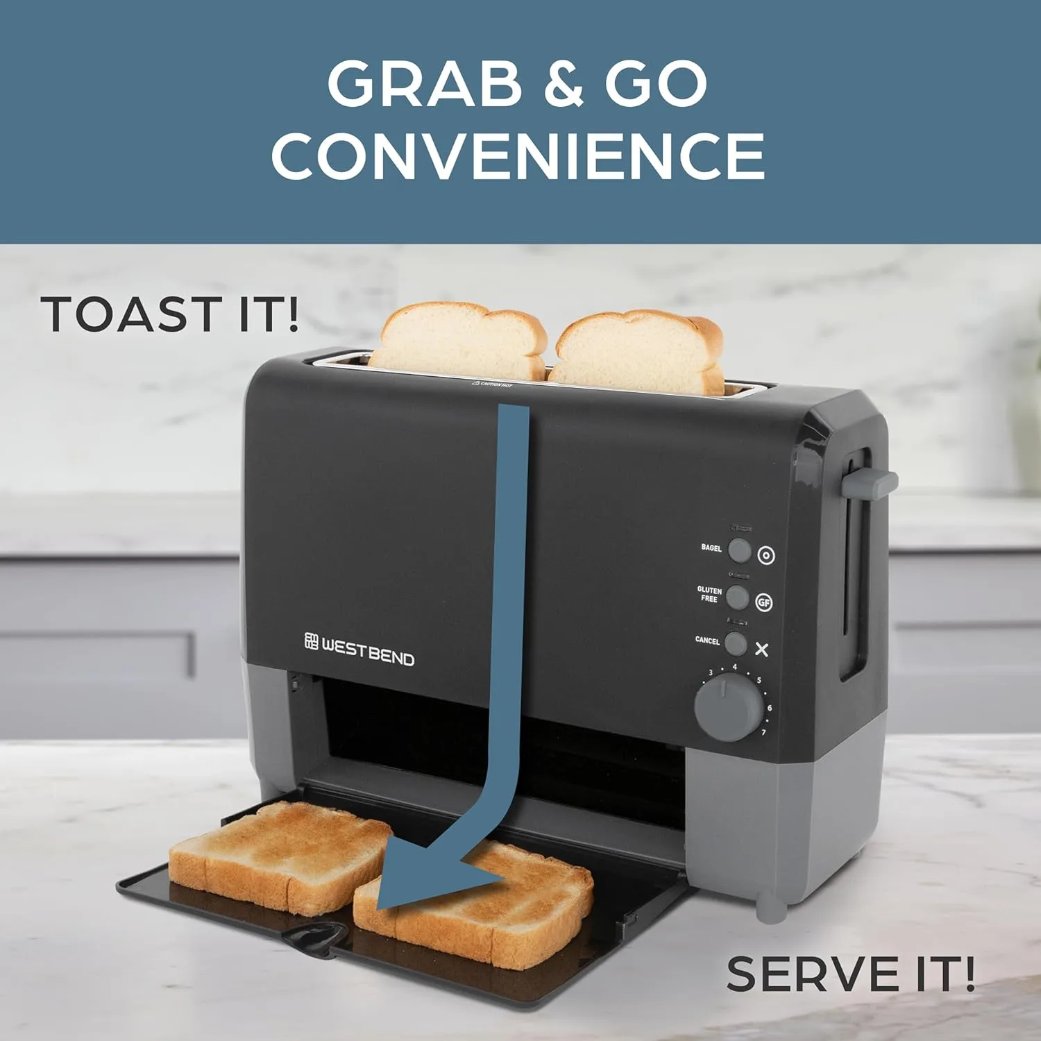 West Bend QuikServe Toaster, 2-Slice Wide-Slot Slide-Through Bread Toaster with Bagel and Gluten-Free Settings