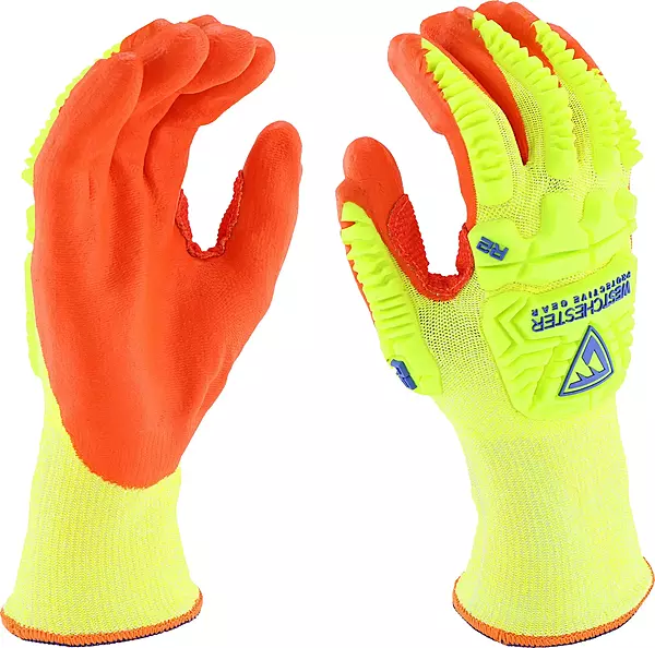 West Chester HVY710HSNFB Hi-Vis HPPE Nitrile Palm Coated Gloves – Small, Yellow/Orange