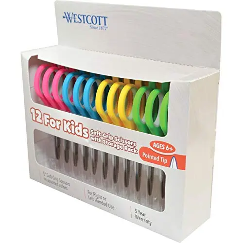 Westcott Soft-Handle Kids Scissors, 5in, Pointed, Assorted Colors, Pack of 12