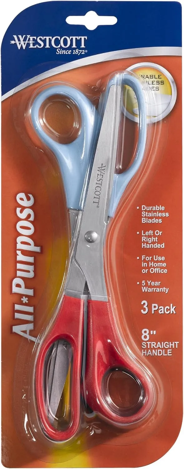 Westcott All Purpose Value Stainless Steel Scissors, 8in, Pointed, Assorted Colors, 3-Pack