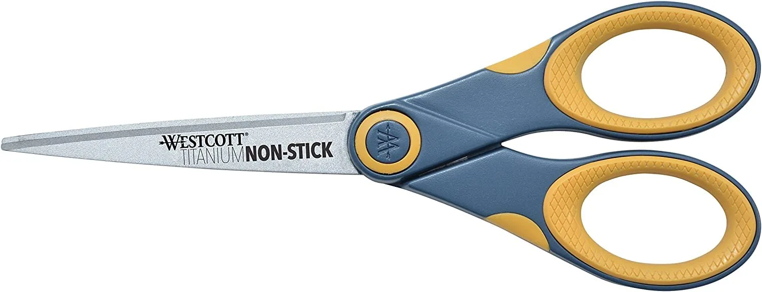 Westcott Titanium Bonded Non-Stick Scissors, 7in, Pointed, Gray/Yellow