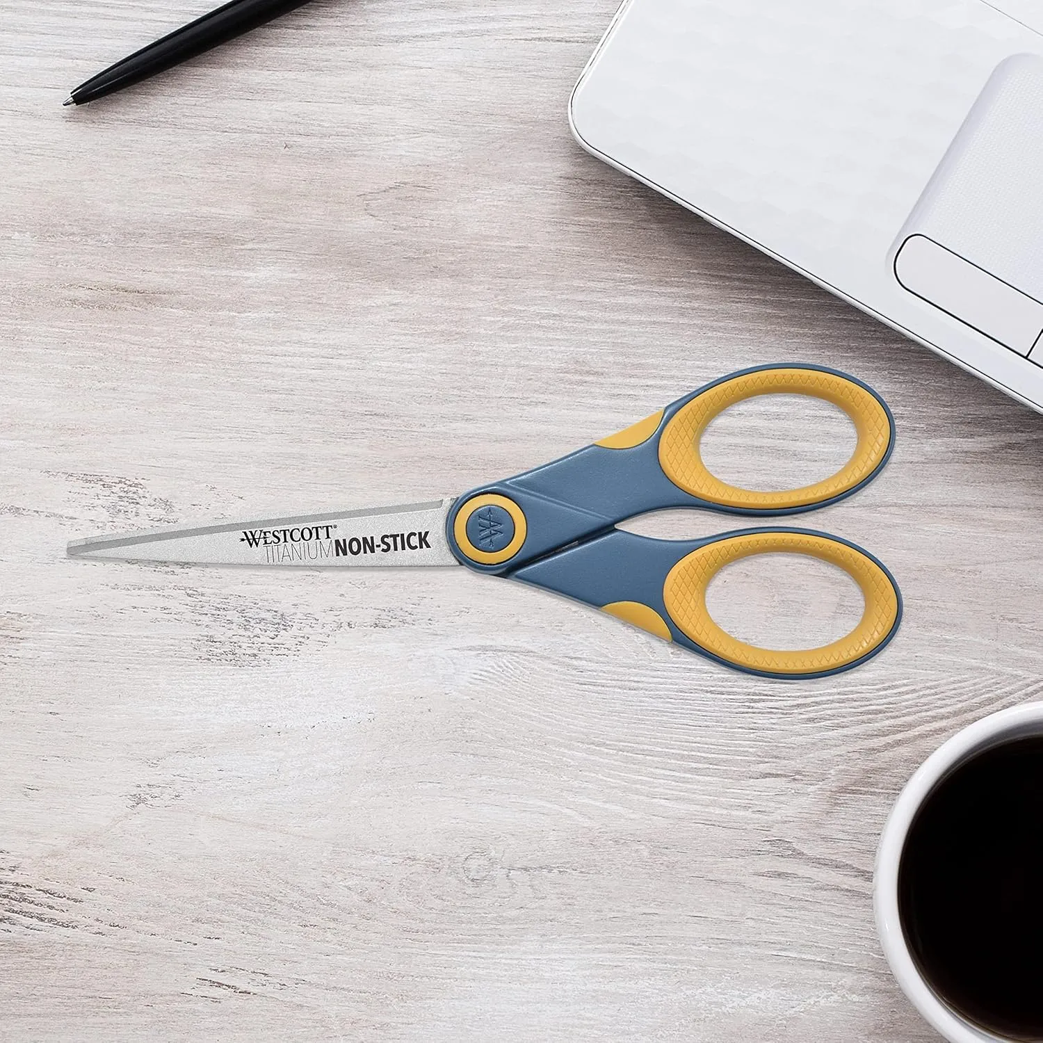 Westcott Titanium Bonded Non-Stick Scissors, 7in, Pointed, Gray/Yellow