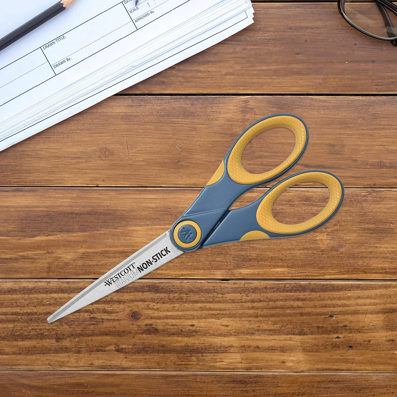 Westcott Titanium Bonded Non-Stick Scissors, 7in, Pointed, Gray/Yellow