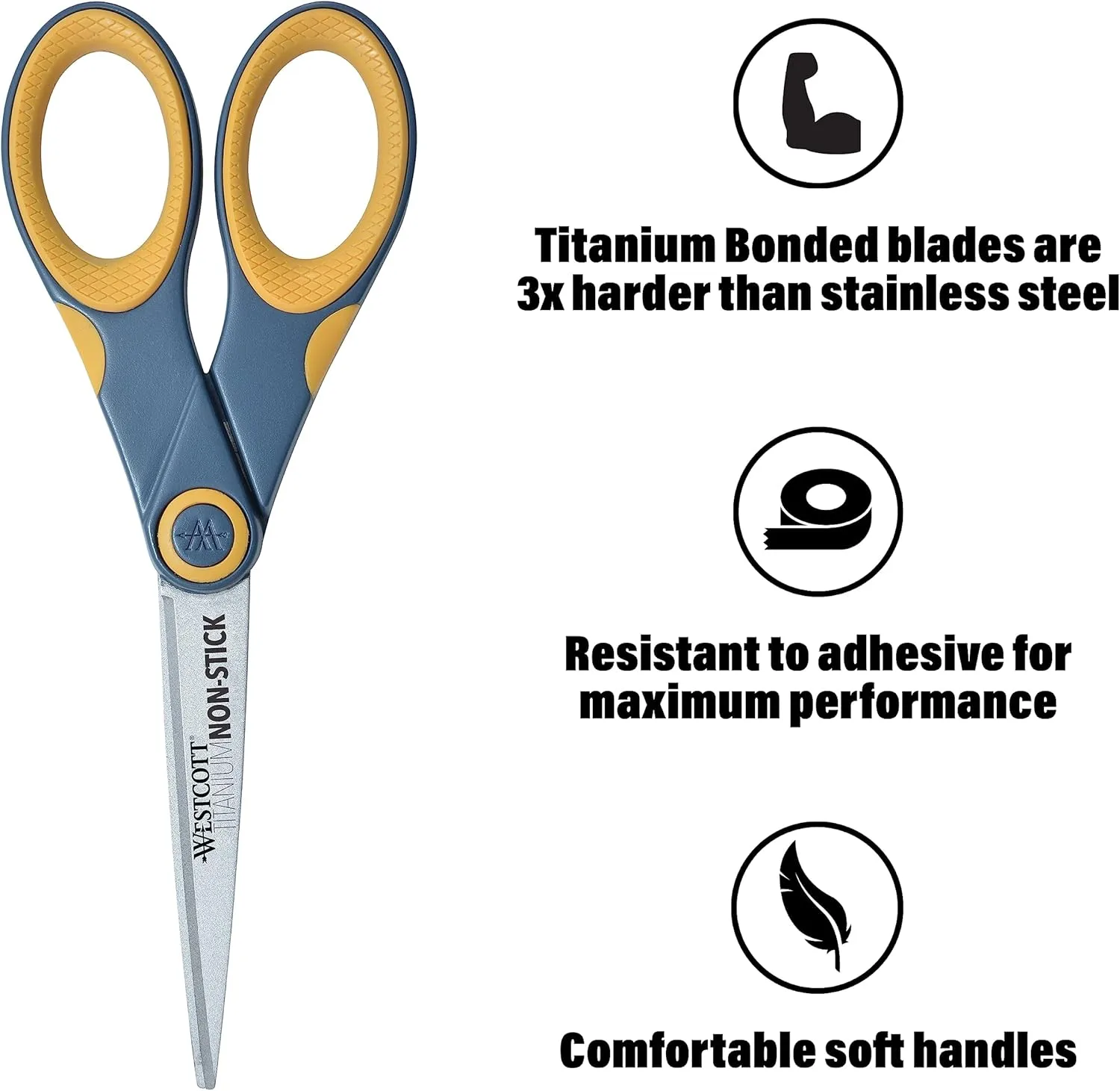 Westcott Titanium Bonded Non-Stick Scissors, 7in, Pointed, Gray/Yellow