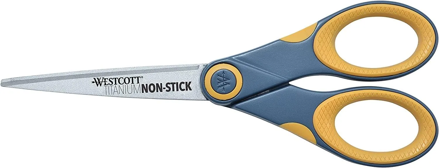 Westcott Titanium Bonded Non-Stick Scissors, 7in, Pointed, Gray/Yellow