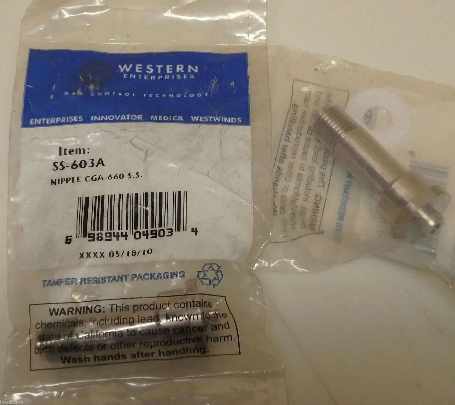 Western Enterprises#SS-603A, PKGD:CGA660 NPL with Washer 1/4 MPT