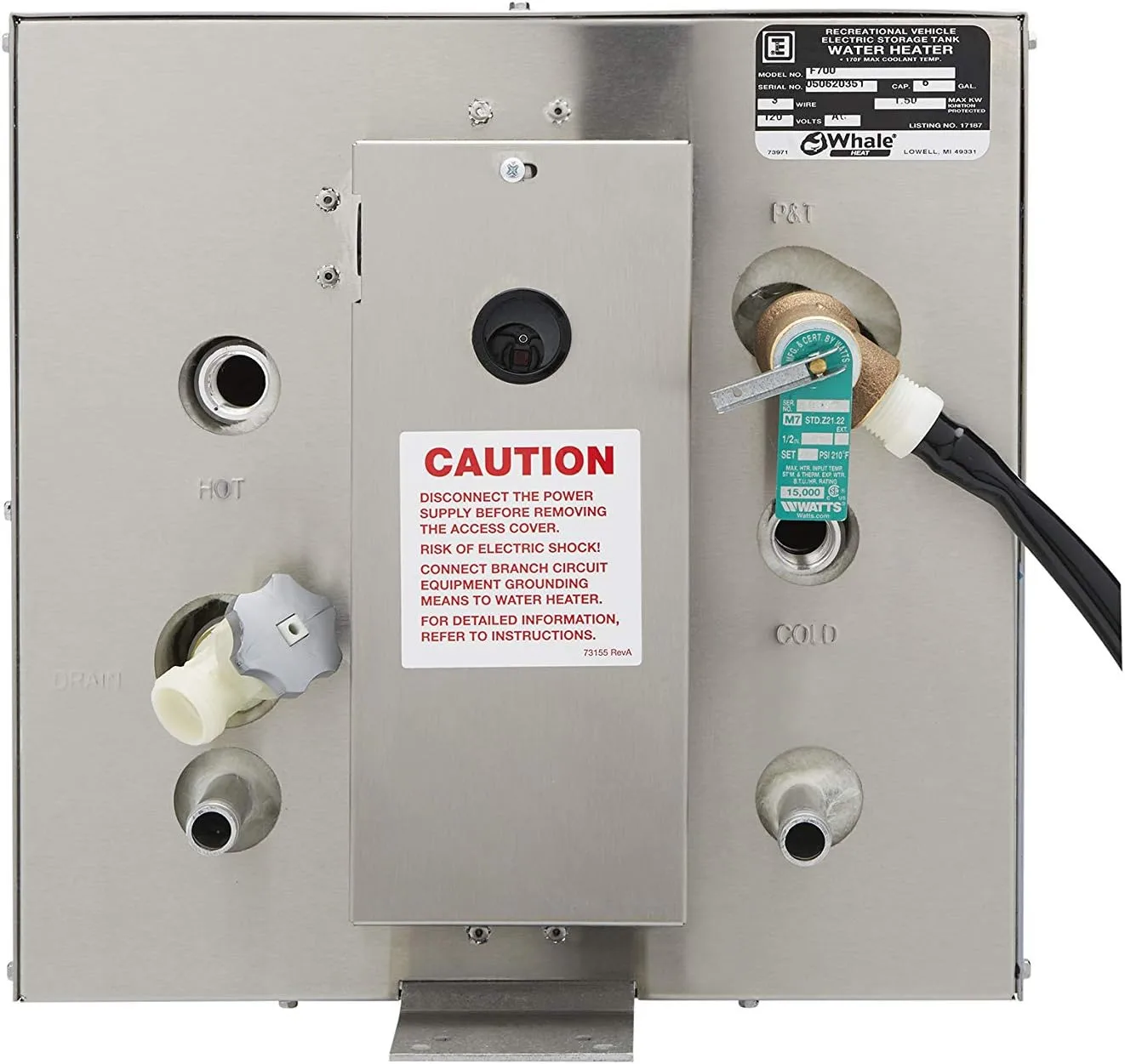 Whale F700 Water Heater, 6 Gal., 120V, 100 PSI, Horizontal Mount, Double-Wall Front Heat Exchanger, Stainless Steel Exterior