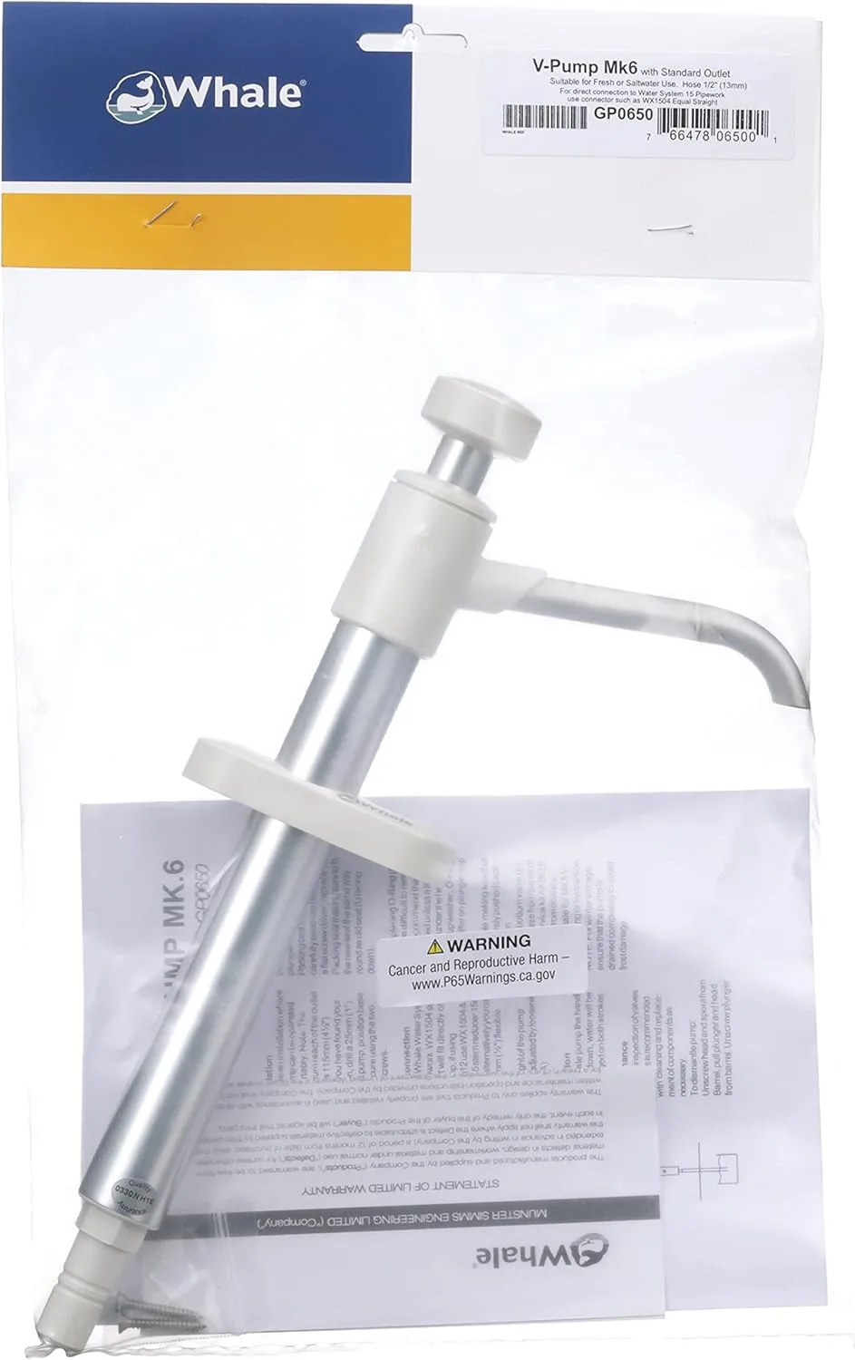 GP0650 V Pump Mk 6 Hand-Operated Galley Water Pump, 2.2 GPM Max Flow Rate, Suitable for Fresh or Saltwater, White, One Size