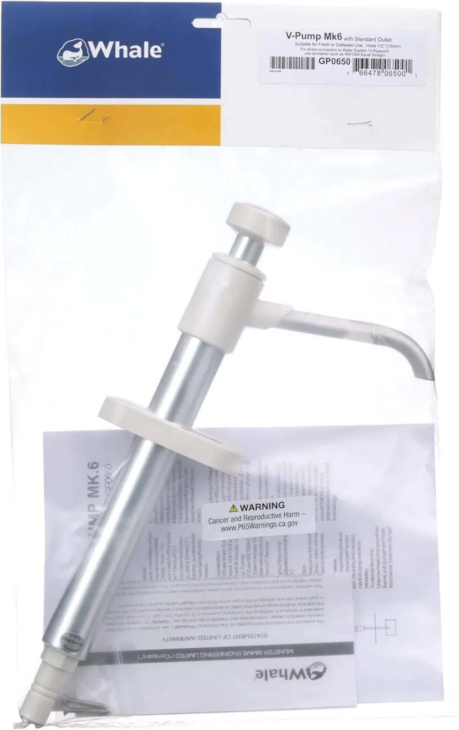 GP0650 V Pump Mk 6 Hand-Operated Galley Water Pump, 2.2 GPM Max Flow Rate, Suitable for Fresh or Saltwater, White, One Size
