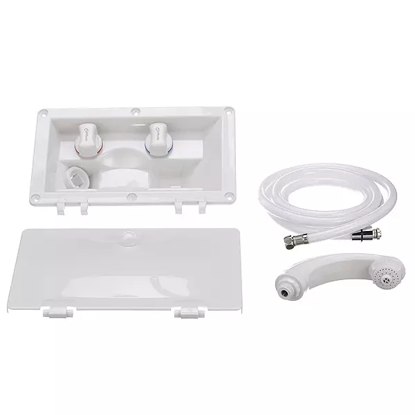 RT2658 Swim ‘n’ Rinse Transom Shower, Hot and Cold Water, Lockable Hinged Cover, White ABS Housing, 7-Foot Hose