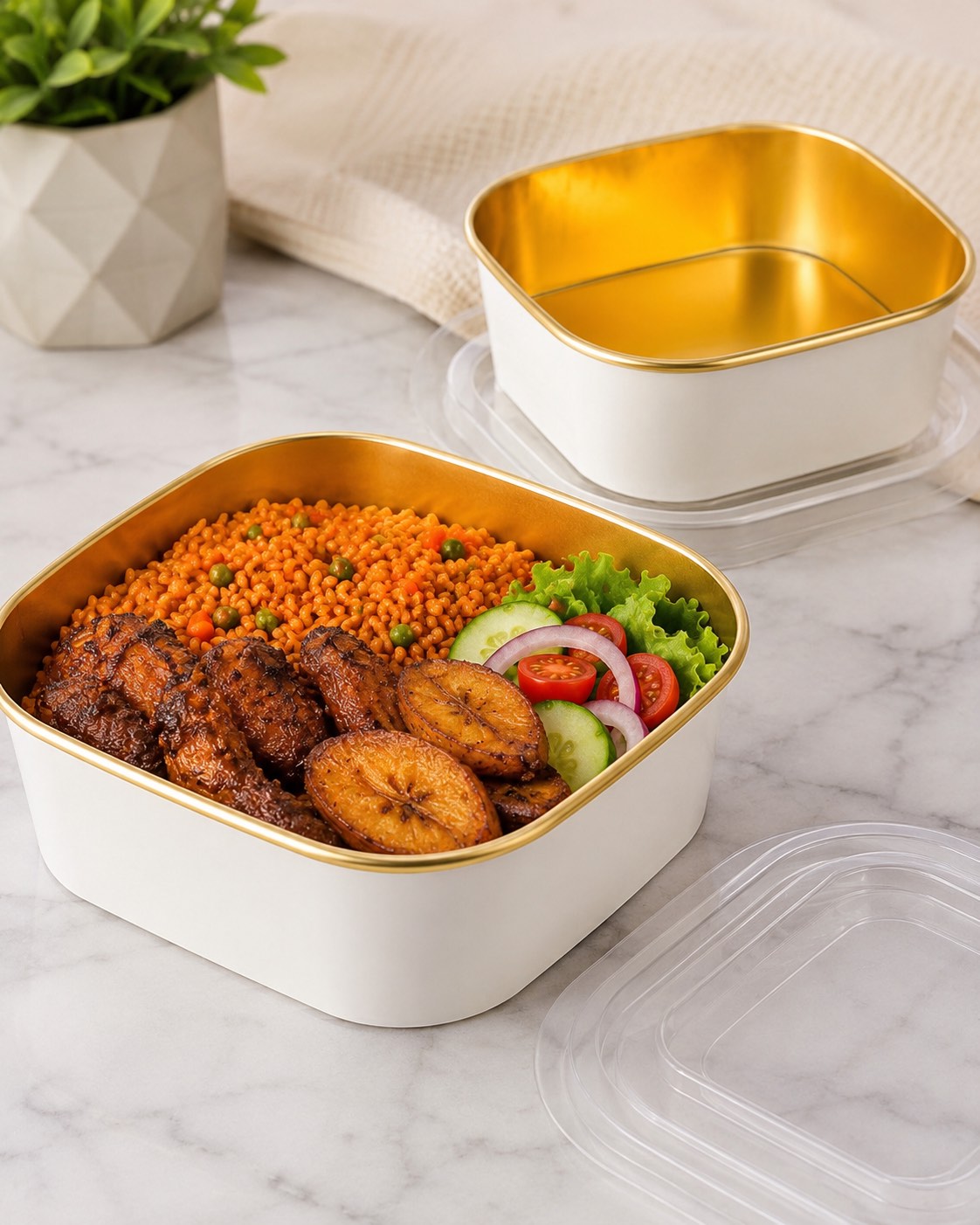 PREMIUM WHITE WITH GOLD LINING SQUARE FOOD PACK WITH PP LID (1000ML)