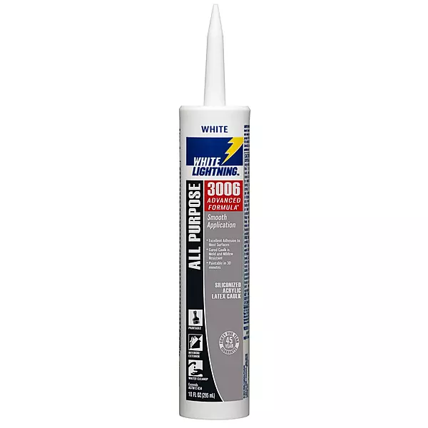 White Lightning WL30060 3006 Siliconized Acrylic Latex All Purpose Caulk, 10 oz Cartridge, White