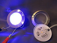 DISK, LED, Color Changer, White+Red+Blue, 55mm, 18-29V AC/DC, 5+3Watts, W150lm, Dimmable, Dimmable, works with 2 wires feed, color change by switch on/off