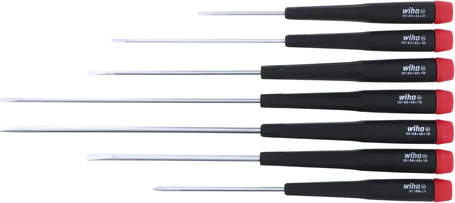 Wiha 26092 Slotted and Phillips Screwdriver Set with Precision Handle, Long, 7 Piece