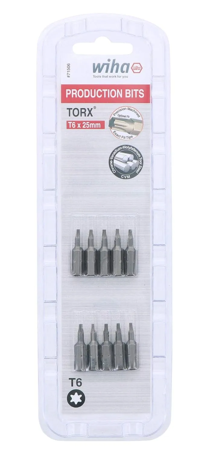 Wiha 71506 Torx Insert Bits, 1/4-Inch Hex Drive, T6 by 25 mm, 10-Pack