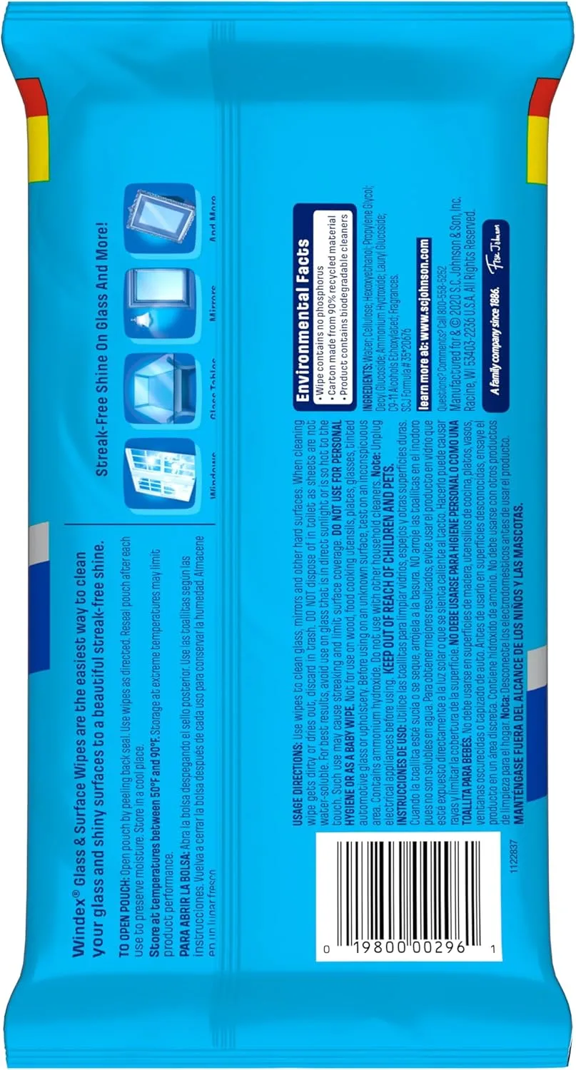 Windex Glass & Surface Wipes, Ammonia Free, Crystal Rain Scent, 38 Count