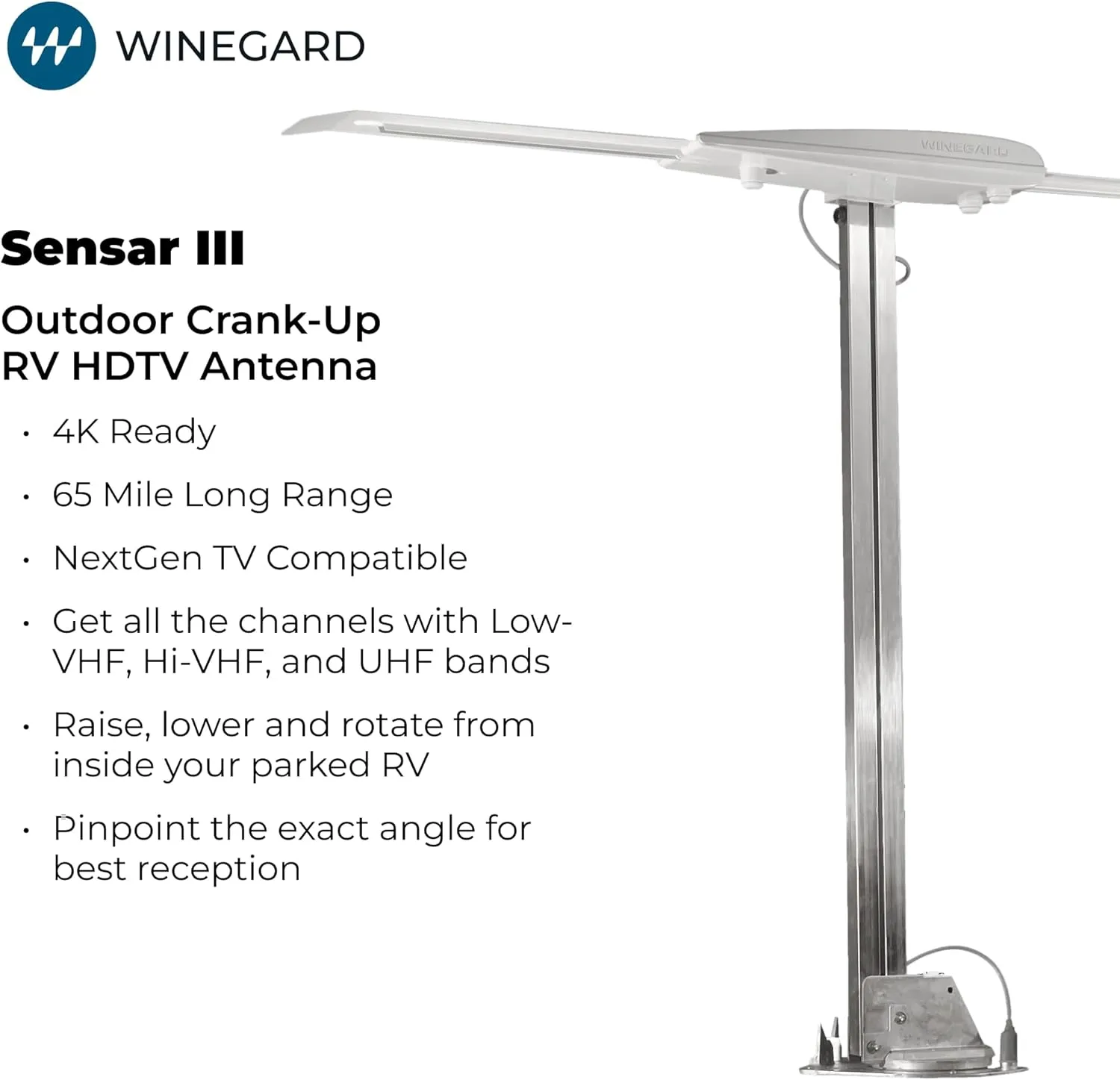 Winegard RV-3095 Sensar III Batwing Amplified RV TV Antenna (VHF/UHF, Digital, 4K Ready, 55 Mile Range), Light Gray Gen III