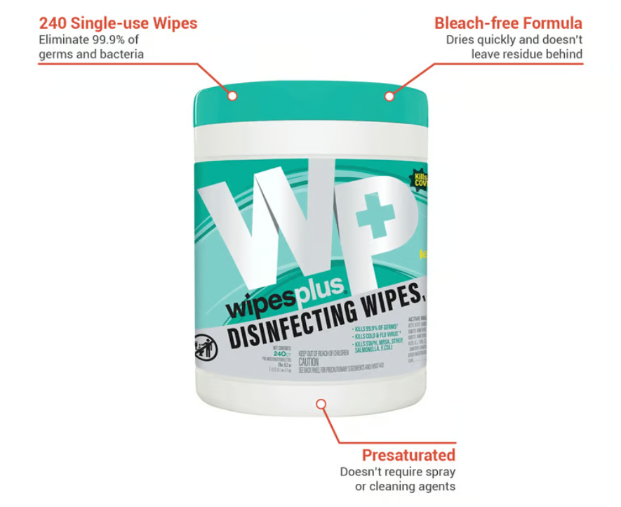 WipesPlus® 240ct Disinfecting Surface Wipes, Canister 240CT 12/CS
